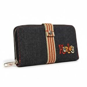 HURLEY Denim Zip Around Wallet Embroidered Logo Striped‎ Snap Tab Vintage Y2K